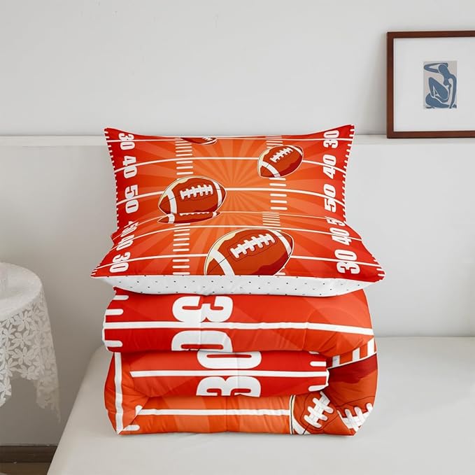 Feelyou Rugby Comforter Set Toddler Size Football Comforter for Boys Girls Teens Sports Games Bedding Set Soccer Ball Game Duvet Set Room Decor Dark Orange Quilt Set