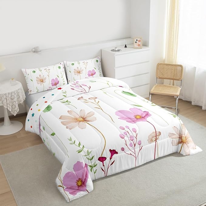 Erosebridal Watercolor Flower Comforter Set Queen, Pink Beige Floral Bedding Set for Kids Teens Adult Women Bedroom, Modern Minimalist White Quilt Branches Pastoral Duvet Insert with 2 Pillow Cases