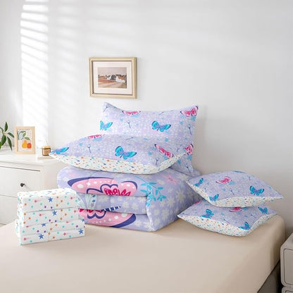 Feelyou Butterfly Dragonfly 7 Piece Bedding Set Cute Flower Comforter Set with Sheets for Kids Boys Girls Purple Bed in a Bag Animal Theme Bed Set Soft Lightweight