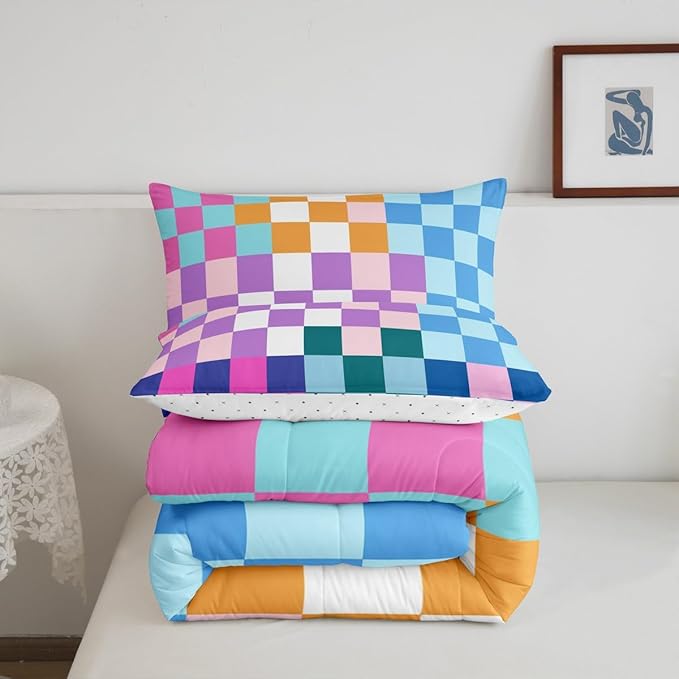 Feelyou Multicolored Checkered Retro Bedding Set Kids Boys Girls Geometric Vintage Comforter Set Full Size Rainbow Colorful Soft Duvet Insert Modern Simple Groovy Aesthetic Room Decor