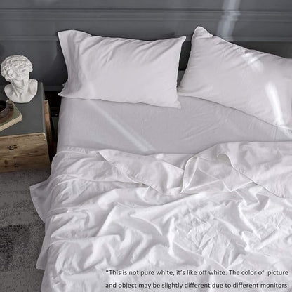 Simple&Opulence Belgian Linen Sheet Set Solid Color - 4 Pieces (1 Flat Sheet, 1 Fitted Sheet & 2 Pillowcases) Natural Flax Cotton Blend Soft Breathable Farmhouse Bedding - Queen Size, White