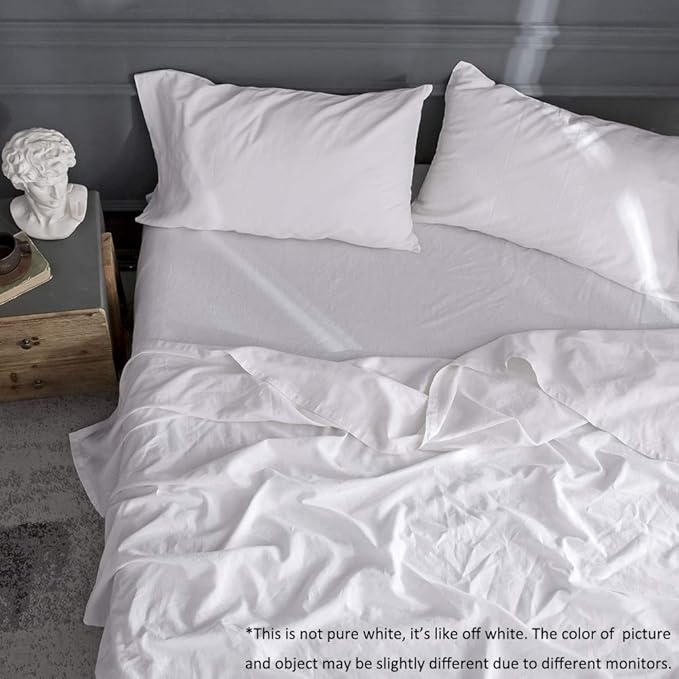 Simple&Opulence Belgian Linen Sheet Set Solid Color - 4 Pieces (1 Flat Sheet, 1 Fitted Sheet & 2 Pillowcases) Natural Flax Cotton Blend Soft Breathable Farmhouse Bedding - Full Size, White