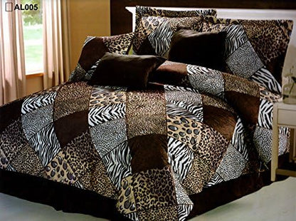 Grand Linen 7 Piece (California) Cal King Safari Comforter Set - Zebra, Giraffe, Leopard, Tiger Etc - Multi Animal Print Bed in a Bag Brown Beige Black White Micro Fur Bedding