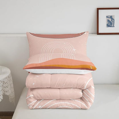 Erosebridal Pink Aesthetic Comforter Twin Girly Minimalist Bedding Set for Girls Women, Modern Down Comforter Mid Century Bed Set, Boho Abstract Art Quilted Duvet Microfiber