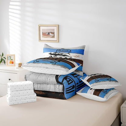 Erosebridal King 7Pcs Happy Camping Comforter Set Bed in a Bag Rv Camper Rules Comforter Set with Wooden Style Sheets(1 Comforter, 1 Flat Sheet 1 Fitted Sheet 2 Pillowcases and 2 Throw Pillow Covers)