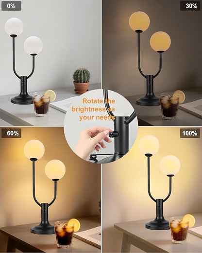 Modern Black Table Lamp for Bedroom, Dimmable Globe Table Lamp 2-Light Desk Lamp 3000K Warmwhite Nightstand Bedside Lamps for Living Room End Table(G9 Bulb Included)