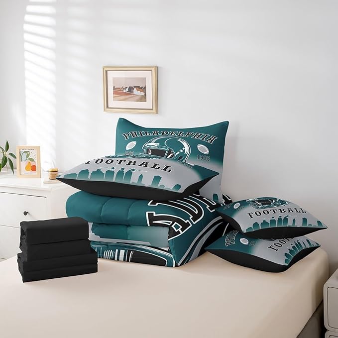 Erosebridal Football Comforter Set with Sheets American Soccer City Queen 7 Piece Bedding Set for Kids Teen Adults,Rugby Sports Green Grey Bed in A Bag Sports Competitive Games Bed Set