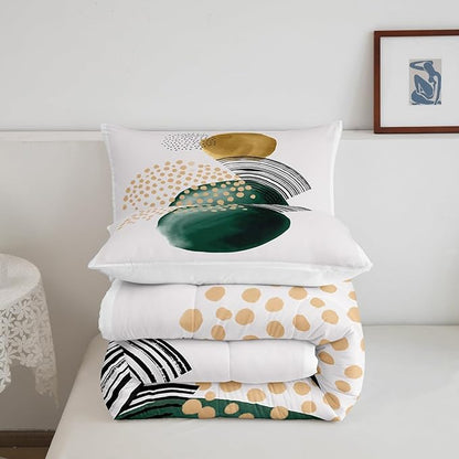 Erosebridal Abstract Artwork Comforter Twin Geometric Circle Bedding Set, Aesthetic Minimalist Down Comforter Blackish Green Turqoise Bed Set, Beige White Quilted Duvet Cozy Soft 2pcs