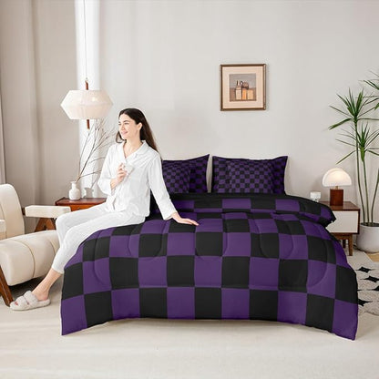 Feelyou Checkered Queen Comforter Set with Sheets for Kids Boys Girls Purple Black Plaid 7 Pieces Bedding Set Cute Retro Neutral Checkerboard Geometric Bed in a Bag Vintage Aesthetic Room Decor Soft