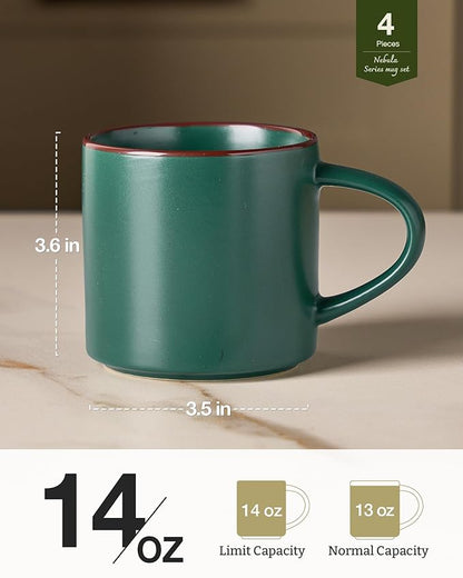famiware Coffee Mugs Set of 4, Nebula 14oz Coffee Mugs, Ceramic Cup Set with Handle for Latte, Tea, Milk, Cappuccino, Cocoa, Dark Green
