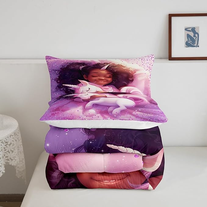 Black Cartoon Girl Comforter Set Twin Size,Cute Unicorn Castle Princess Bedding Set,Girls Women Room Decor,Girls African Glitter Sequins Down Comforter,Purple Romantic Duvet Insert,1 Pillowcase