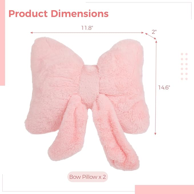 2 PCS Pink Bow Pillow, Soft Bow Decorative Pillows with Faux Fur, Cute 12" Bow Throw Pillows, Aesthetic Home Decor Bow Shaped Plush Pillow for Bedroom Sofa Couch