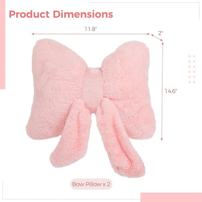 2 PCS Pink Bow Pillow, Soft Bow Decorative Pillows with Faux Fur, Cute 12" Bow Throw Pillows, Aesthetic Home Decor Bow Shaped Plush Pillow for Bedroom Sofa Couch