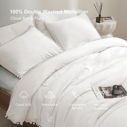 MUKKA Queen Comforter Set 5-Piece Queen Size White, Boho Pom Pom Fringe Comforter Sets Ivery, Soft Microfiber Bedding Comforter Set White with 2 Pillowcases,2 Pillowshams