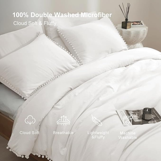 MUKKA Full Comforter Set 5-Piece Full Size White, Boho Pom Pom Fringe Comforter Sets Ivery, Soft Microfiber Bedding Comforter Set Beige with 2 Pillowcases,2 Pillowshams