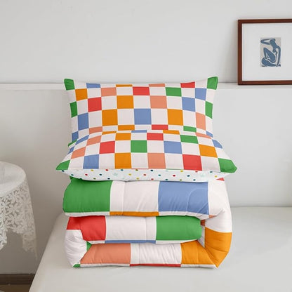 Feelyou Checkered Retro Bedding Set Teen Women Men Rainbow Colorful Plaid Comforter Set Toddler Size Kids Boys Girls Geometric Vintage Duvet Insert Modern Simple Groovy Aesthetic Room Decor