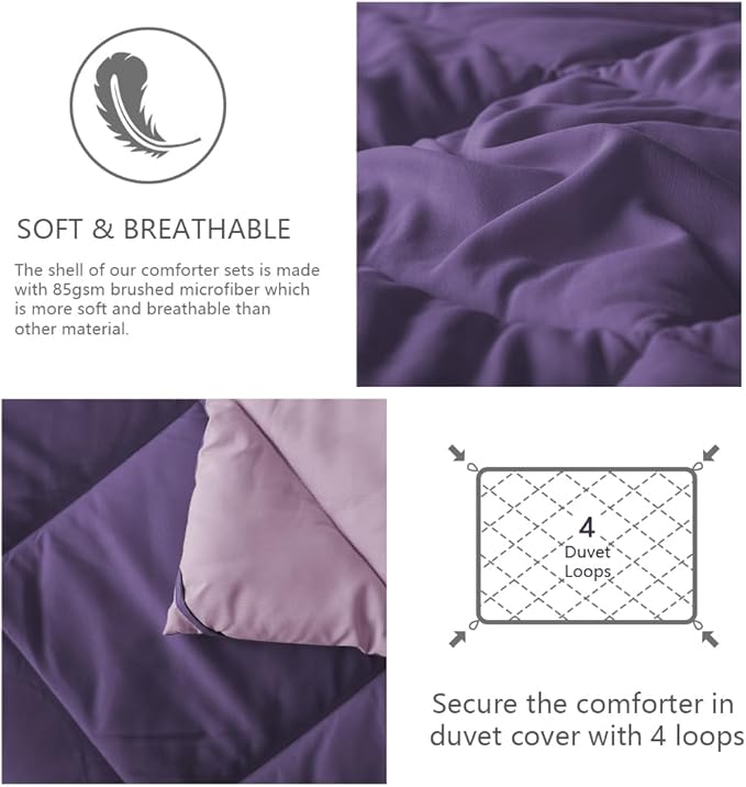 NexHome Queen Comforter Set Purple&Light Purple,3 Pieces Lightweight Comforters Queen Size Reversible Bedding Comforters Sets,Down Alternative Comforter Bed Set Quilt Blanket