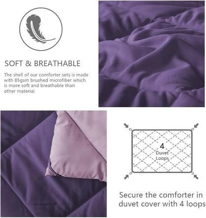 NexHome King Size Comforter Set Purple&Light Purple, 3 Pieces Lightweight Reversible Comforter King Size, All Season Fluffy Down Alternative Comforter Bed Set Quilt Blanket