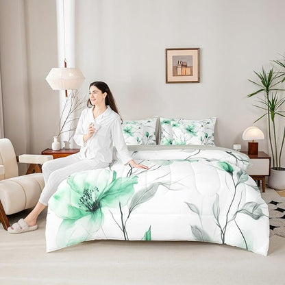 Erosebridal Green Flower Full 7 Pcs Bedding Set, Boho Floral Comforter Set with Sheets, Ink Painting Style Blossom & Leaf Bed in A Bag, Elegant Watercolor Floral Bed Sets for Adults Women Girls