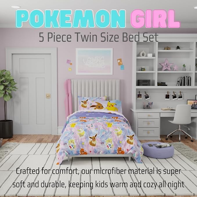 Pokémon Girl Kids Bedding Twin Size – 5 Piece Comforter & Sheet Set with Sham – Super Soft – Eevee, Pikachu & Jigglypuff – (Officially Licensed Product) by Franco