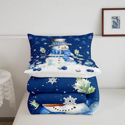 Cute Snowman Comforter Set Twin Size,Merry Christmas Quilt Set 2Pcs Xmas Bells and Snowflake Bedding Set for Kids Boys Girls Teens Room Decor Cartoon Blue White Duvet Insert,1 Pillowcase