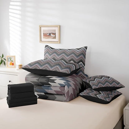 Erosebridal Aztec Geometric Bed in A Bag Full 7 Pcs Farmhouse Western Comforter Set for Kids Boys Girls Country Native American Bedding Sets Black Grey Ethnic Aesthetic Sheet Set with Comforter