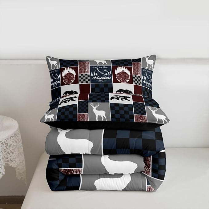 Rustic Bear Bedding Comforter Sets, Farm Country Vintage Comforter Set Hunting Cabin Wooden Lodge Bedding Forest Wildlife Plaid Patchwork Quilt With 2 Pillow Cases, Red Gray Black, King Size