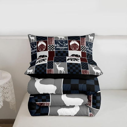 Rustic Bear Bedding Comforter Sets, Farm Country Vintage Comforter Set Hunting Cabin Wooden Lodge Bedding Forest Wildlife Plaid Patchwork Quilt With 1 Pillow Case, Red Gray Black, Twin Size
