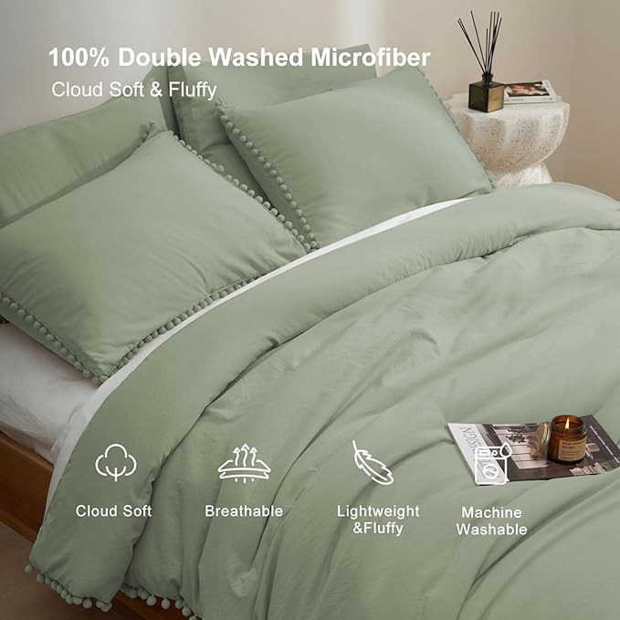 MUKKA Queen Comforter Set 5-Piece Comforter Sage Green Queen Size, Boho Pom Pom Fringe Comforter Sets Queen Size, Bedding Comforter Sets with 2 Pillowcases,2 Pillowshams