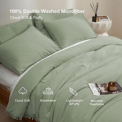 MUKKA Queen Comforter Set 5-Piece Comforter Sage Green Queen Size, Boho Pom Pom Fringe Comforter Sets Queen Size, Bedding Comforter Sets with 2 Pillowcases,2 Pillowshams