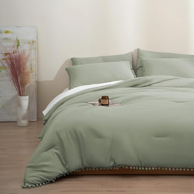 MUKKA Comforter Set 5-Piece Full Size Sage Green, Boho Pom Pom Fringe Comforter Sets Full Size, Bedding Comforter Set with 2 Pillowcases,2 Pillowshams