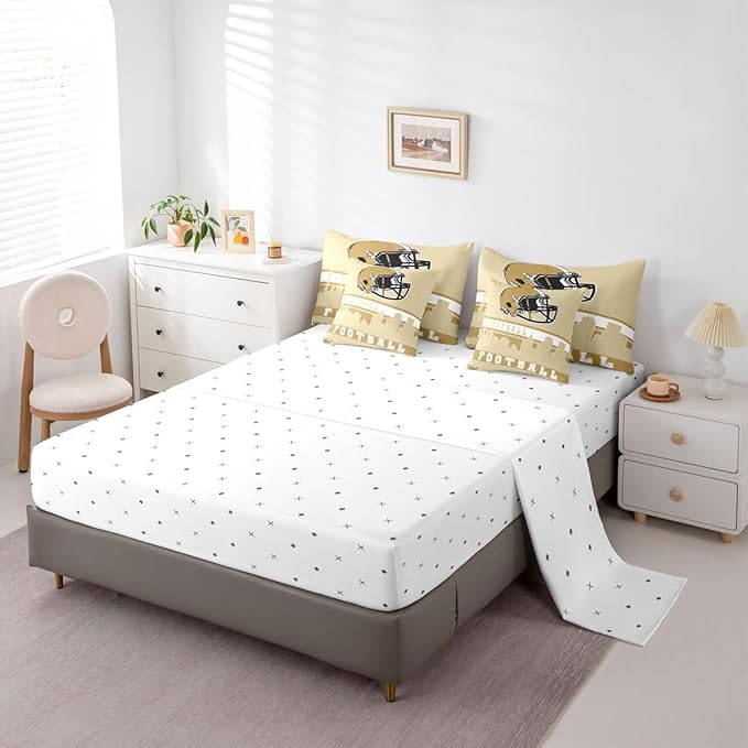 Erosebridal Football 7 Pcs Comforter Set Queen Football Fans Bedding for Men Football City Sheet Set Bed in A Bag Yellow Rugby Competition Room Decor Sports Ball Game Quilt