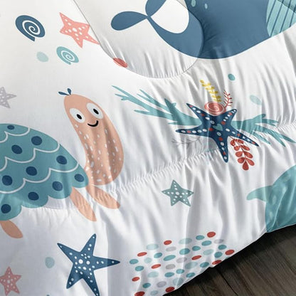 Kids Turtle Comforter Set Twin Beach Theme Dolphin Starfish Seaweed Bedding Set Sea Animal Octopus Reptile Bed Set with 2 Pillowcases for Boys Girls Room Decor