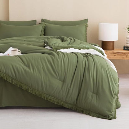 Andency Oversized King Comforter Set with Sheets 128x120 Olive Green - 7 Pieces Bed in a Bag Boho Soft Lightweight Bedding Sets, Tassel Bed Set with Comforter, Sheets, Pillowcases & Shams