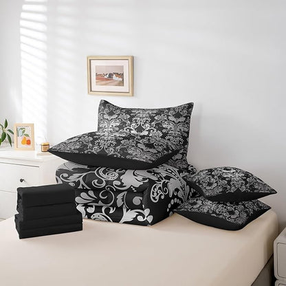Erosebridal Gothic Damask Bed in a Bag King Size Comforter Set 7 Pieces,Halloween Bat Bedding Sets Black White Victorian Floral Goth Sheet Set with Comforter
