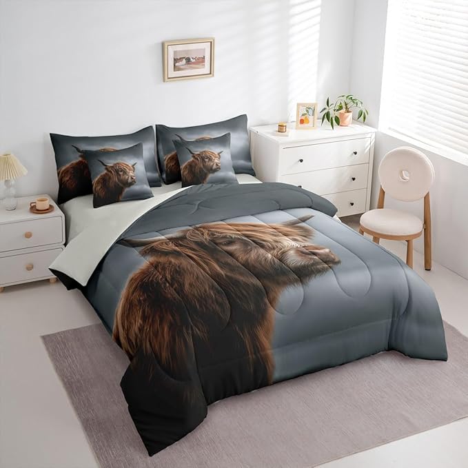 Erosebridal Highland Cow Comforter Sets with Sheets, Brown Cattle Bedding Set Twin for Boys Girls Nature Wild Animal 7Pcs Bed in A Bag Rustic Wildlife Bed Set