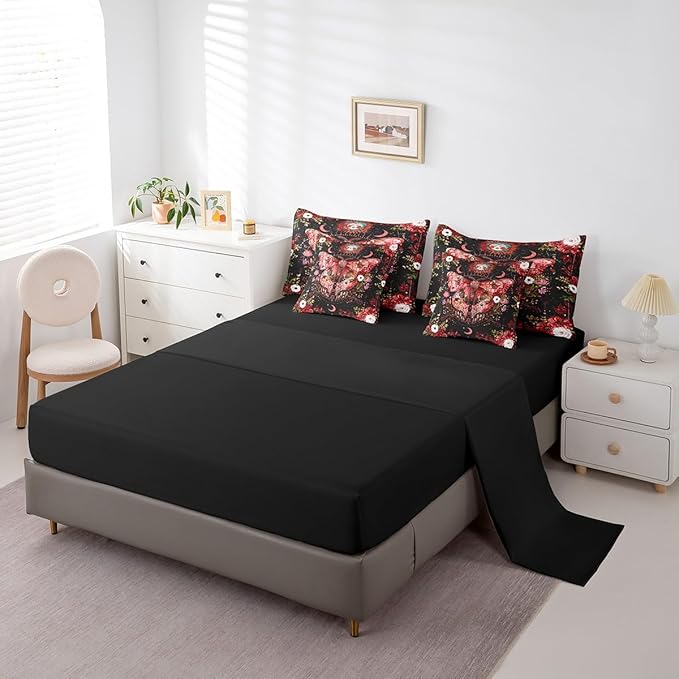 Feelyou Red Death Moth Bedding Set with Comforter, Boho Moth Comforter Full Size 7Pcs Sun Moon Butterfly Bed in a Bag with Comforter, Boho Floral Flat Sheet, Fitted Sheet, Pillowcases Room Decor