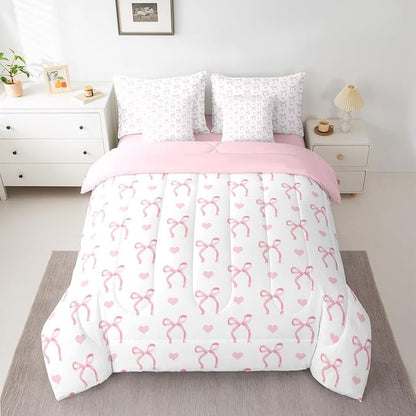Erosebridal Bowknot Love Hearts Pink White King 7-Piece Comforter Set | Ribbon Bow Kawaii Sheets and Pillowcases Girly Kids Cute Dreamy Bed in A Bag Women Teens Adults Bed Sets