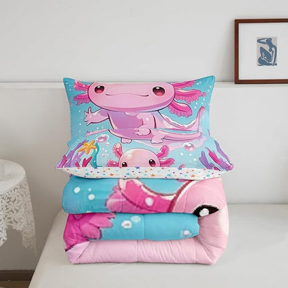 Girls Cute Axolotl Kids Bedding Sets Toddler Size,Pink Ocean Sealife Kawaii Animal Reversible Comforter Set for Bedroom Cartoon Blue Sea Coral Quilt Set Soft Duvet Insert,1 Pillowcase