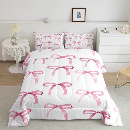 Feelyou Bow Bedding Set Boys Girls King Size Cute Bowknot Comforter Set for Kids Women Men Ultra Soft Pink Girls Bow Comforter Lovely Duvet Set