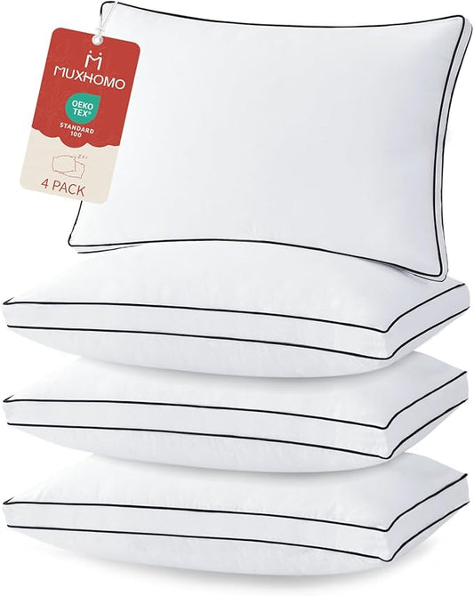 MUXHOMO Bed Pillows Standard Size Set of 4, Full Size Gusseted Bed Pillows for Side, Back, and Stomach Sleepers, Hotel Quality, Oeko-Tex Certified Fluffy Supportive Down Alternative Filling, 4 Pack