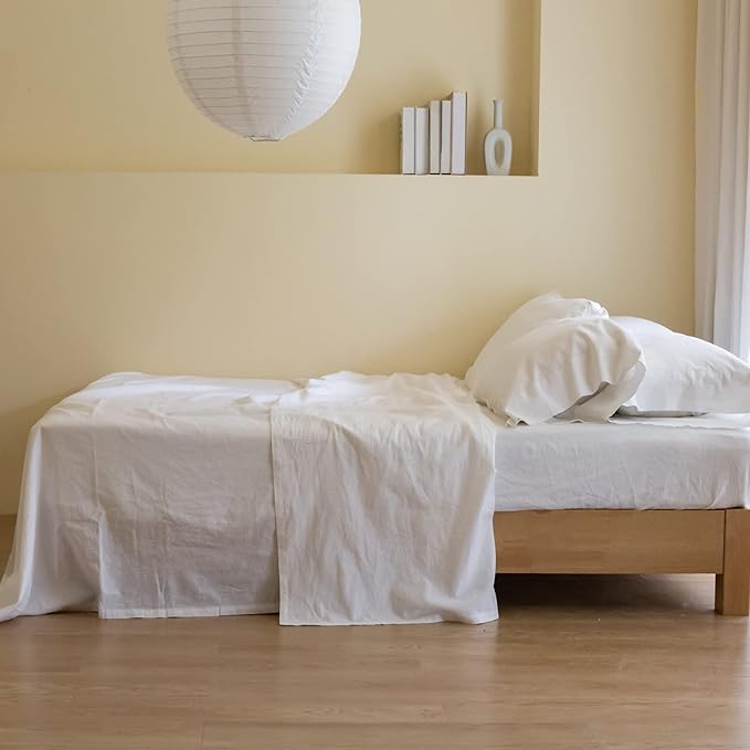 Simple&Opulence Belgian Linen Sheet Set Solid Color - 6 Pieces (1 Flat Sheet & 1 Fitted Sheet & 4 Pillowcases) 16" Deep Pocket Natural Flax Cotton Blended Soft Bedding - White, King Size