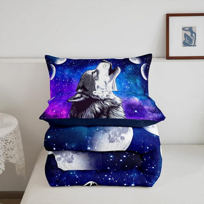 Erosebridal Howling Wolf Quilted Duvet Blue Purple Starry Sky Bedding Set Full Size,Galaxy Series Comforter Set for Child Teens Youth Man,Stars Moon Duvet Filler Wild Animal Themed Room Decor