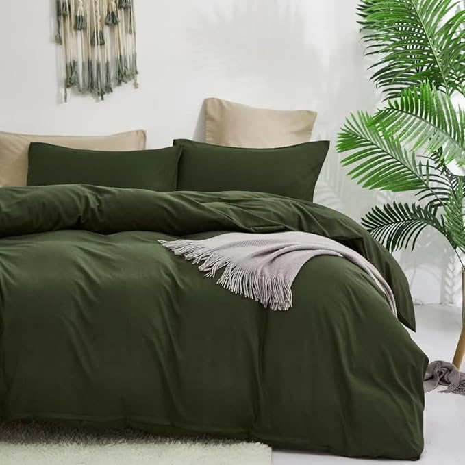 Wellboo Dark Green Comforter Sets Twin Solid Olive Green Boho Bedding Comforters Cotton Boys Girls Army Green Quilts Plain Military Green Bedding Modern Hunter Green Blankets Blackish Green Dorm Bed