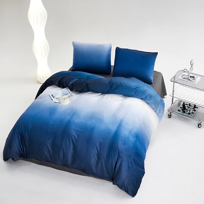 Cottonight Velvet Fluffy Comforter Full Blue Gradient Plush Flannel Bedding Set Women Men Thick Warm Winter Blanket Quilts Sherpa Micromink Ink Color Navy Blue Plush Fashion Bedding