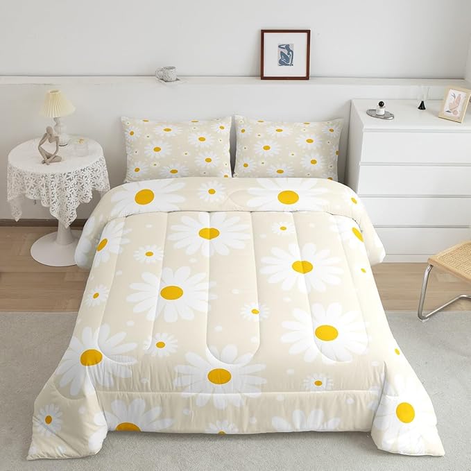 Erosebridal Beige Floral Comforter Cute Daisy Cream Bedding Set Full Size for Kids Teen Women,Botanical Theme Rustic Flowers Comforter Set White Daisy Floral Quilt Room Decor