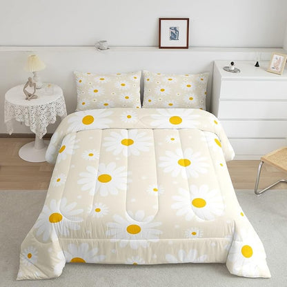 Erosebridal Beige Floral Comforter Cute Daisy Cream Bedding Set Full Size for Kids Teen Women,Botanical Theme Rustic Flowers Comforter Set White Daisy Floral Quilt Room Decor