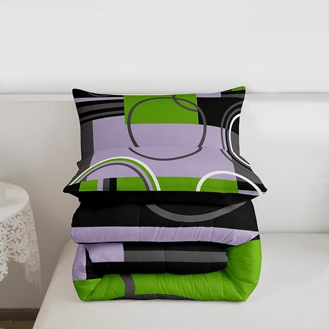 Erosebridal Modern Green Grey Black Comforter Sets King Abstract Swirls Spiral Bedding Set Stripes Quilt Curved Lines Duvet Insert Stylish Grid Gromment Patchwork Quilted Comforter with 2 Pillowcases