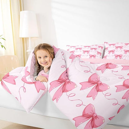 Erosebridal Bowknot Down Comforter Toddler Size, Dreamy Princess Style Comforter Set for Girls Women Bedroom Decor, Cute Bow Tie Bedding Set Pink Girly Kawaii Quilt for All Season