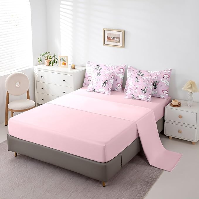 jejeloiu Pink Zoo Animals 7 Piece Bedding Set Full Size Cartoon Cute Comforter Set with Sheets for Kids Boys Girls Giraffe Lion Zebra Elephant Bed in a Bag Flower Bed Set